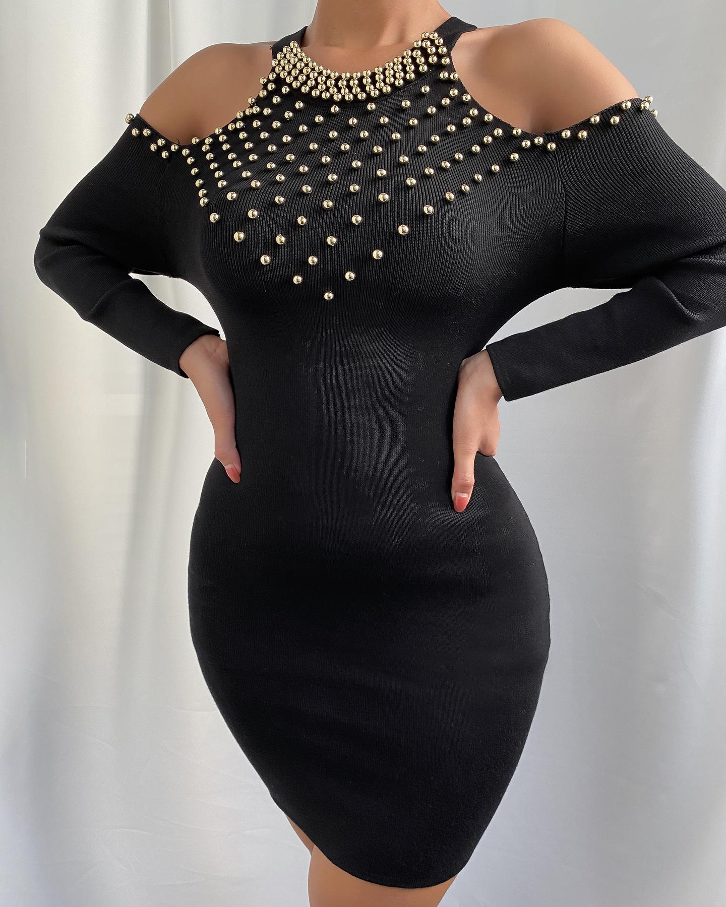 

Beaded Cold Shoulder Bodycon Dress, Black