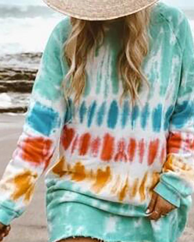 

Tie Dye Print Fringe Hem Casual Dress, Green