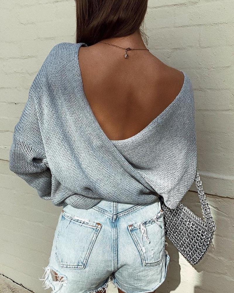 

Batwing Sleeve Solid Casual Knit Top, Gray