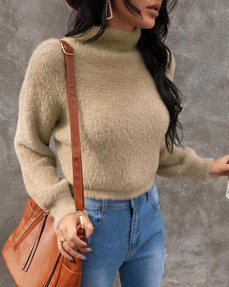 

Plain Fluffy Casual Sweater, Khaki