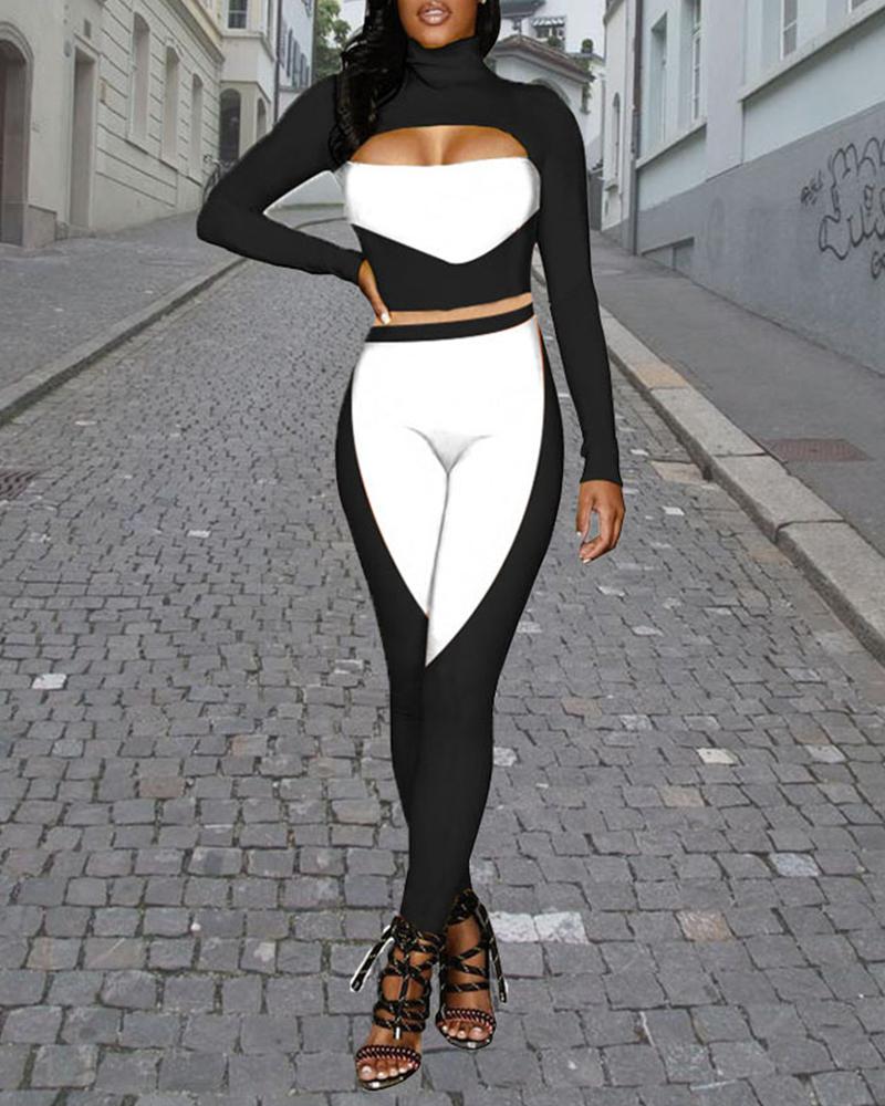 

Colorblock Long Sleeve Skinny Cut-out Top Suit Sets, Black