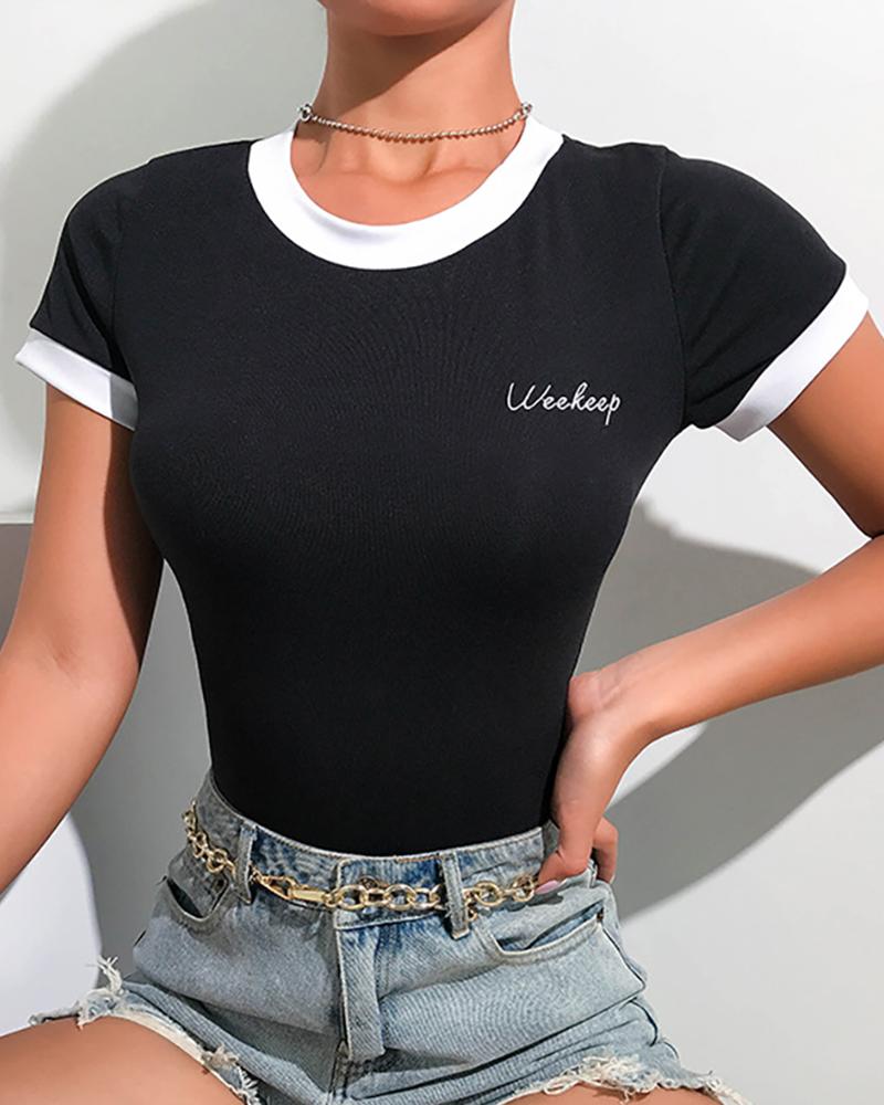 

Colorblock Short Sleeve Casual Bodysuit, Black