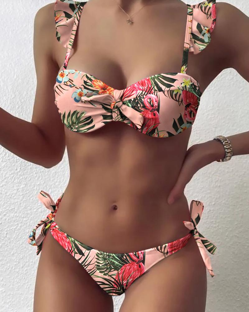 

Tropical Flamingo Print Tied Detail Ruffles Bikini Set, Multicolor