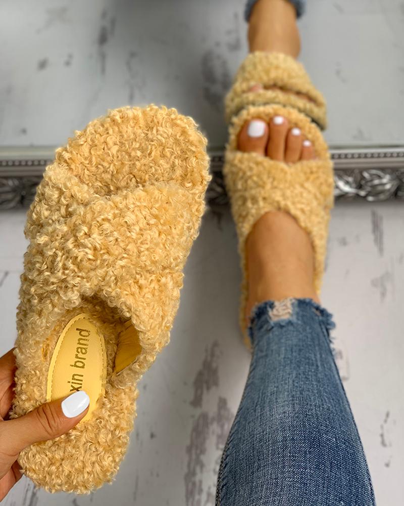 fluffy criss cross slippers