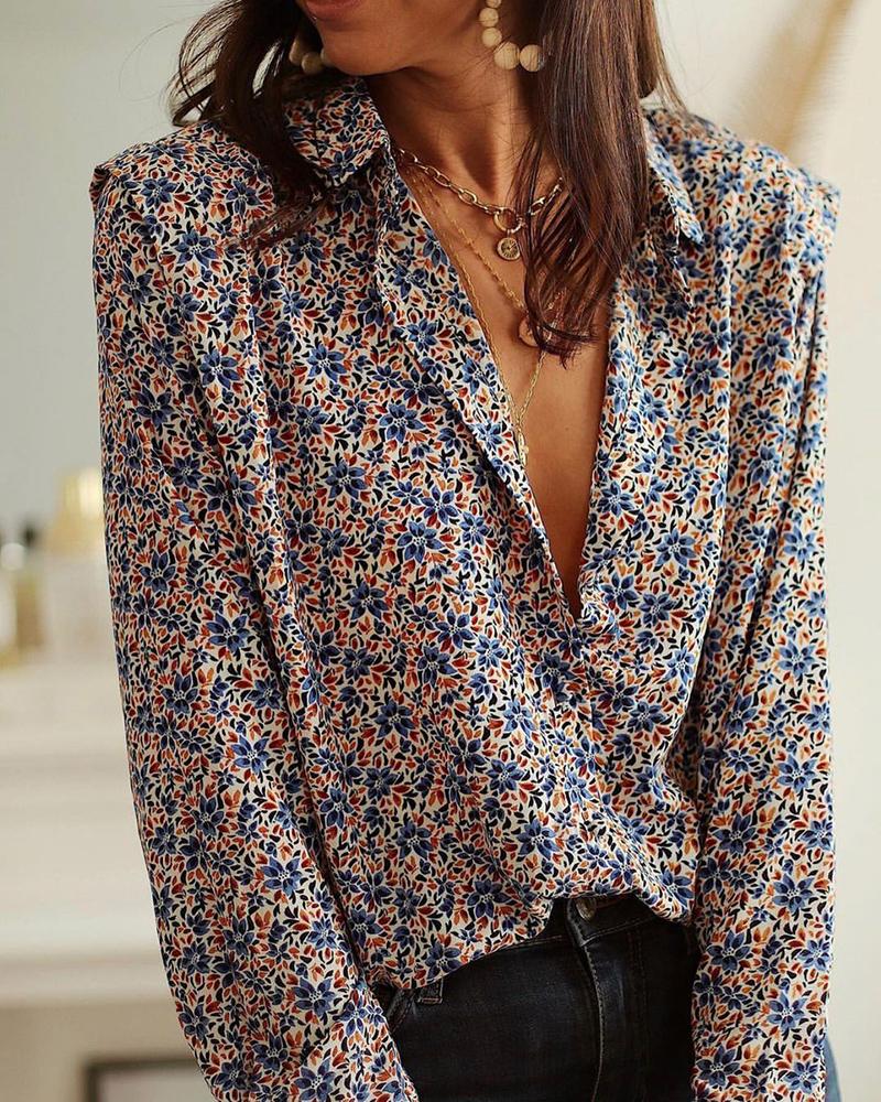 

Plunge Long Sleeve Floral Print Shirt, Blue