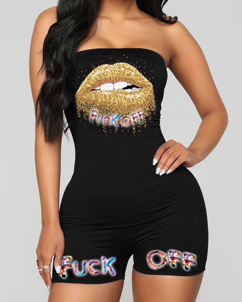

Glitter Lip Print Sleeveless Skinny Romper, Black