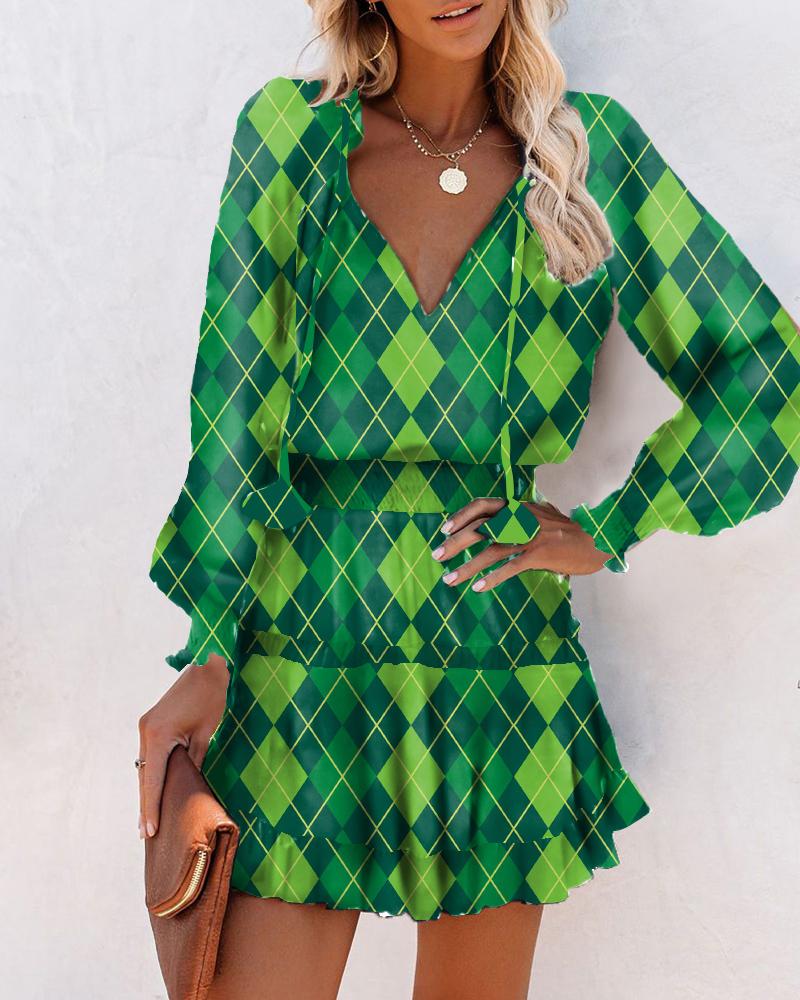

St. Patrick' Day Diamond Plaid Print Long Sleeve Mini Women Dress, Green