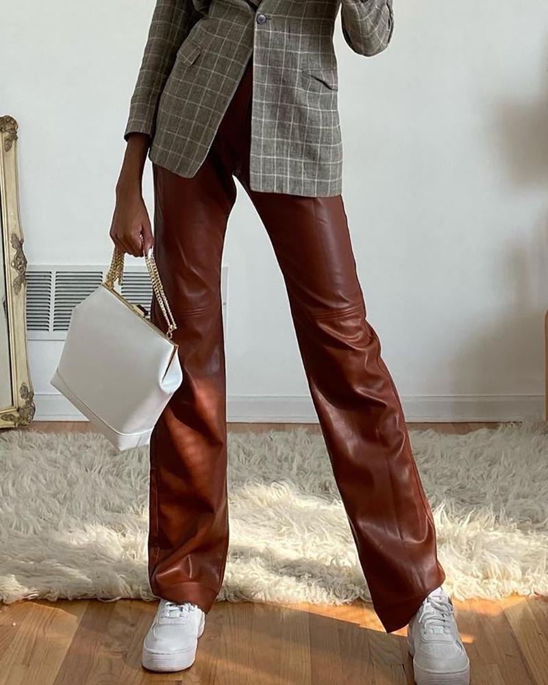 

Plain PU Leather Straight Leg Pants, Brown