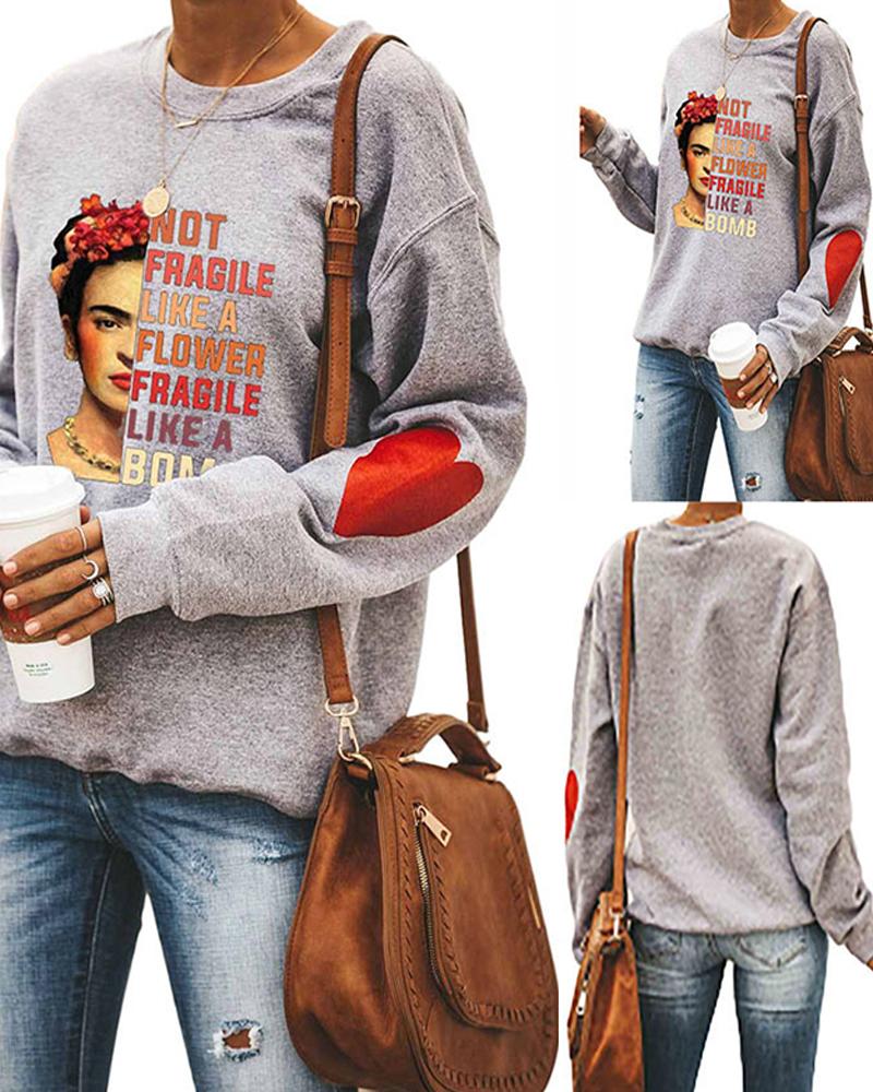 

Figure Letter Print Long Sleeve Sweatshirt, Gray