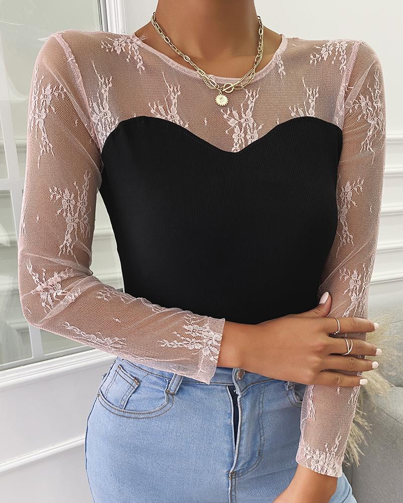 

Sheer Mesh Floral Lace Colorblock Women Blouse, Black