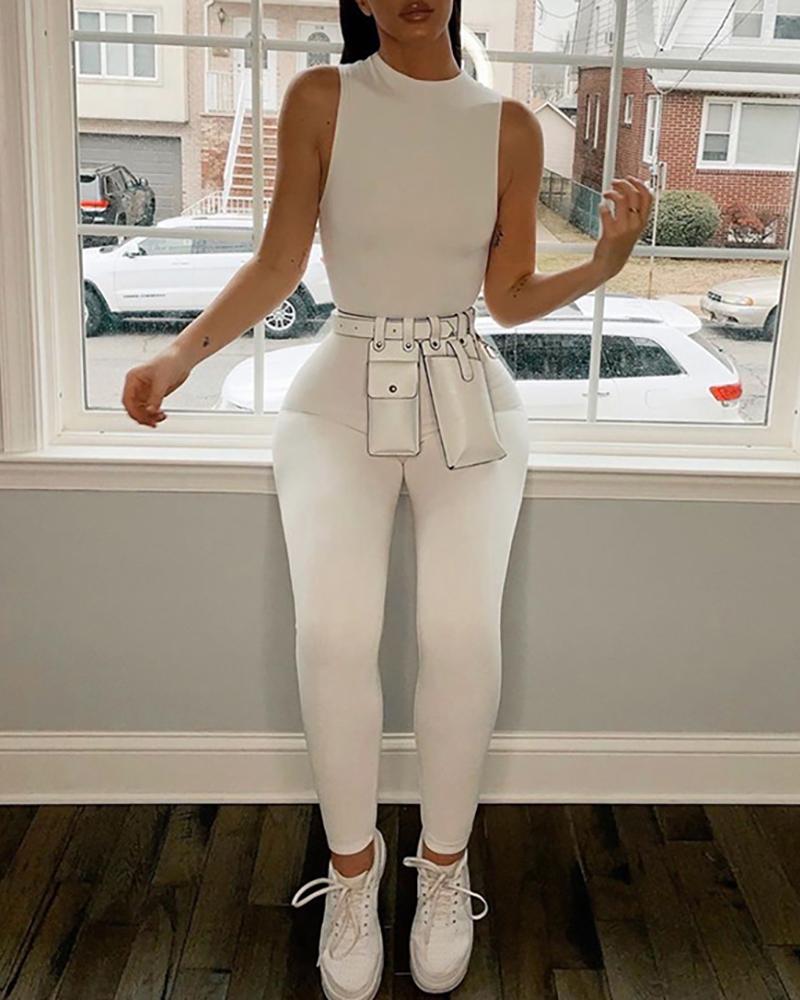 

Round Neck Sleeveless Solid Jumpsuit, White