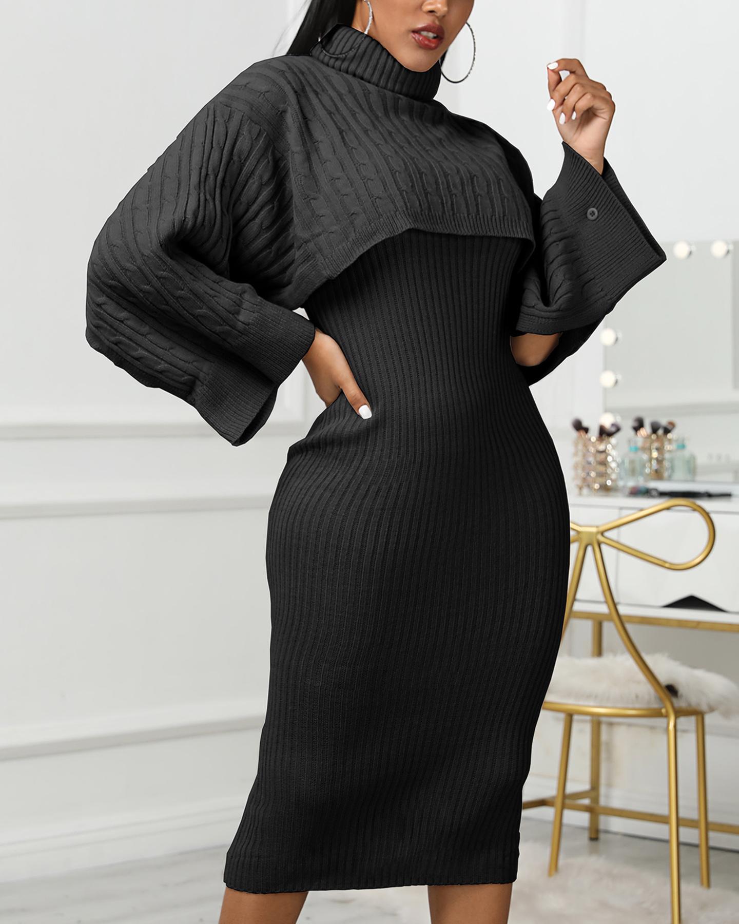 

Solid High Neck Ribbed Sweater & Thin Strap Women Dress Sets, Black