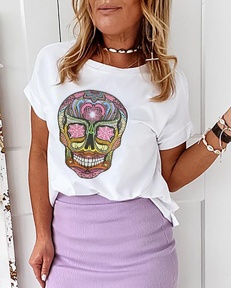 

Skull Print Round Neck T-Shirt, White