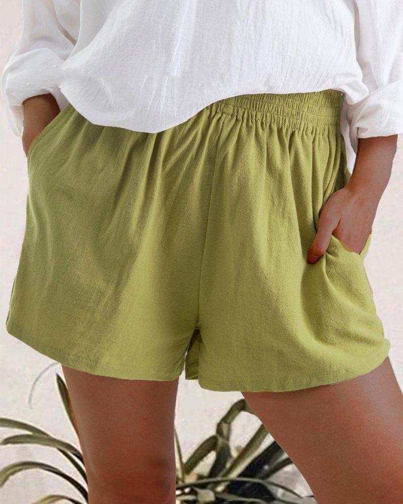 

High Waist Linen Blend Shorts, Green