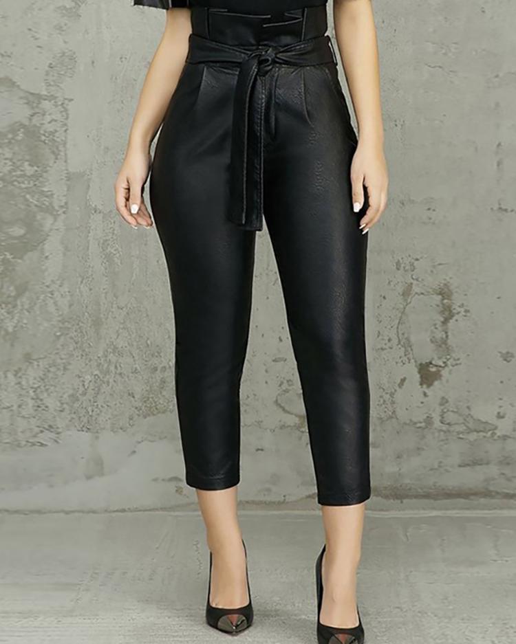 

Paperbag High Waist Belted PU Pants, Black