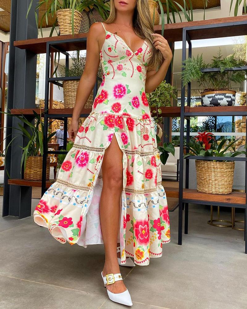 

Floral Print Deep V Neck Spaghetti Strap High Slit Dress, Red