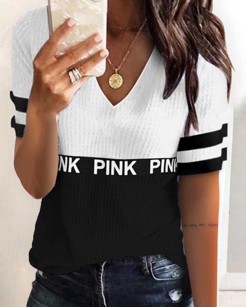 

Letter Print Colorblock Ribbed Knit Top, White