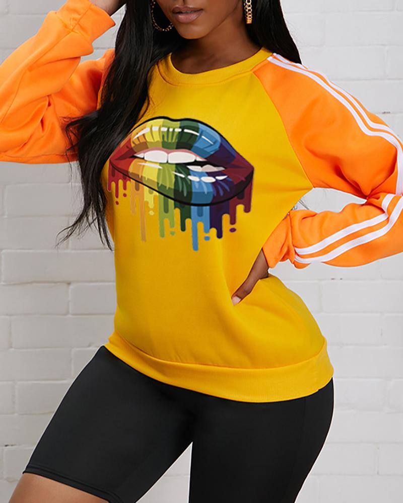

Striped Tape Lip Print Long Sleeve Sweatshirt, Orange