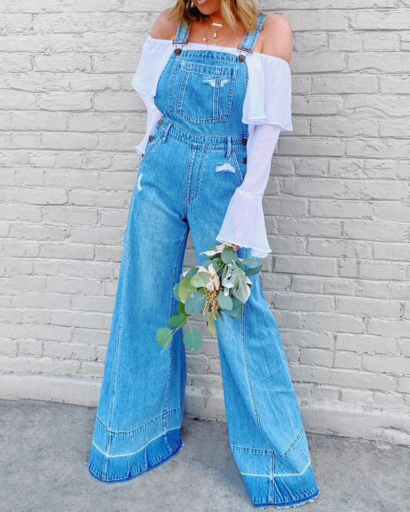 

Ripped Fringe Hem Bell-Bottom Denim Suspender Jumpsuit, Blue