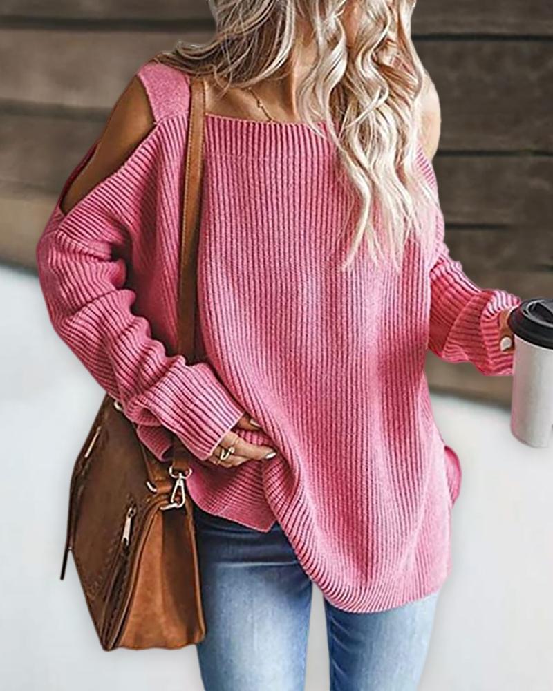 

Cold Shoulder Solid Slit Knit Sweater, Pink