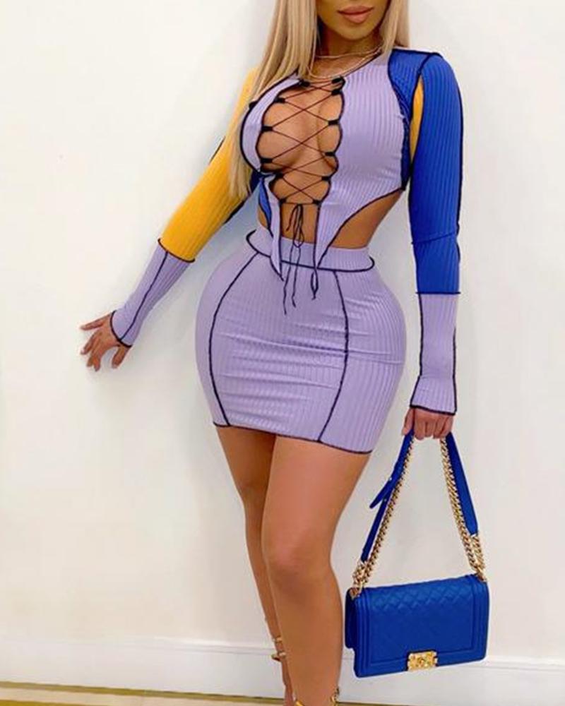 

Color Block Hollow-out Long Sleeve Slinny Skirt Sets, Purple
