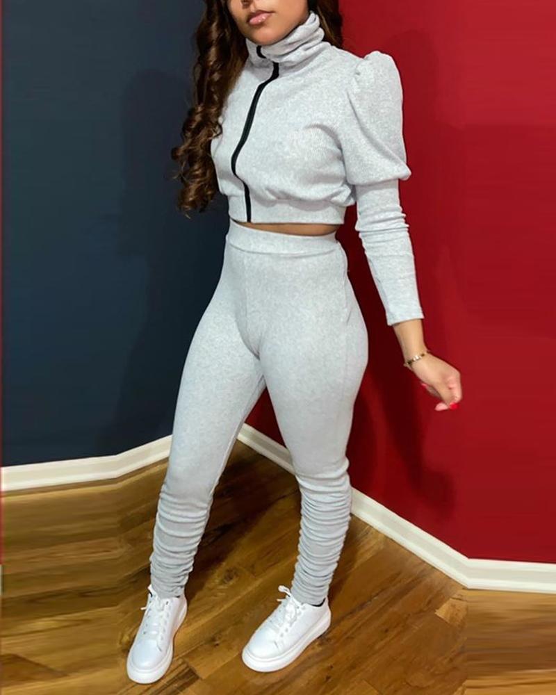 

Solid Color Puff Sleeve Pant Sets, Gray