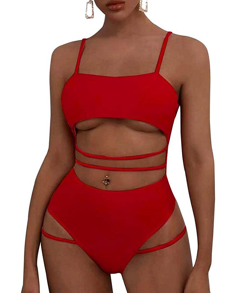 

Push up Strappy High Waisted Cutout One Piece Swimsuit, Red