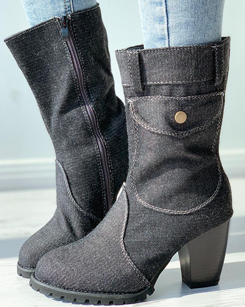 

Button Decor Denim Chunky Boots, Black
