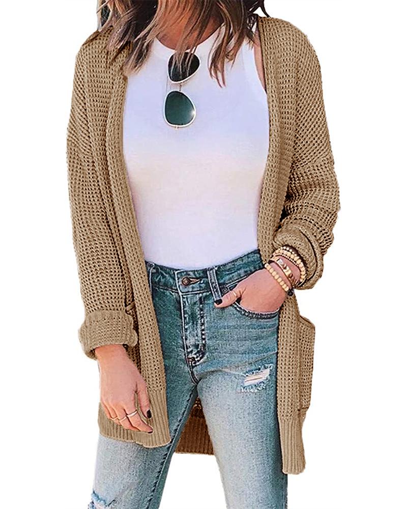 

Casual Solid Waffle Check Cardigan, Khaki