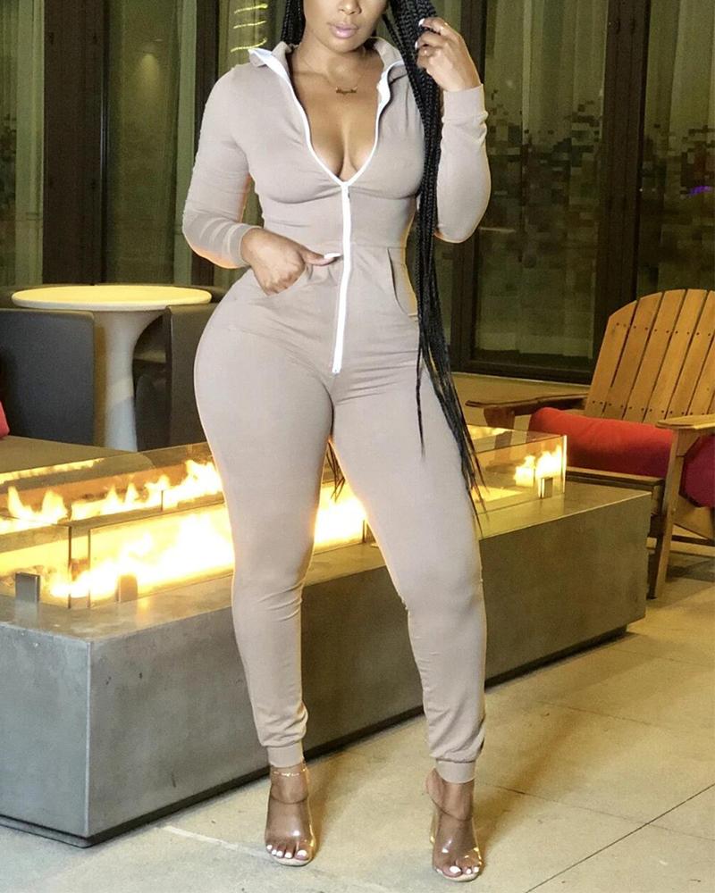 

Solid Long Sleeve Skinny Jumpsuit, Gray