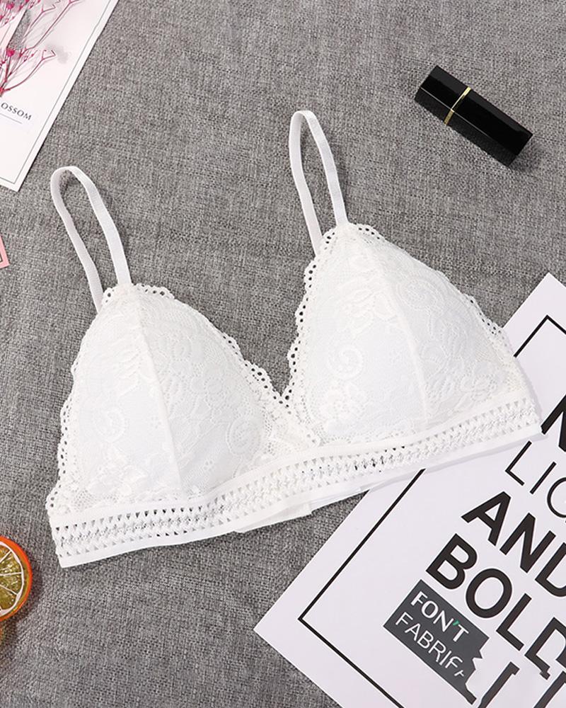 

Spaghetti Strap Floral Lace Bra, White