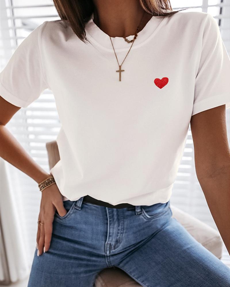 

Heart Pattern Embroidery Casual T-shirt, White