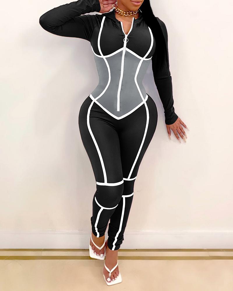 

Colorblock Zipper Design Long Sleeve Skinny Jumpsuit, Black