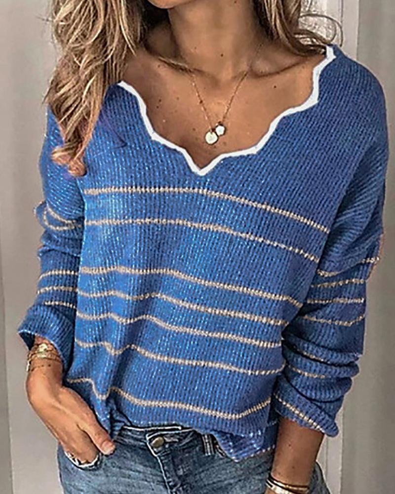 

Contrast Biding Striped Knit Casual Sweater, Dark blue