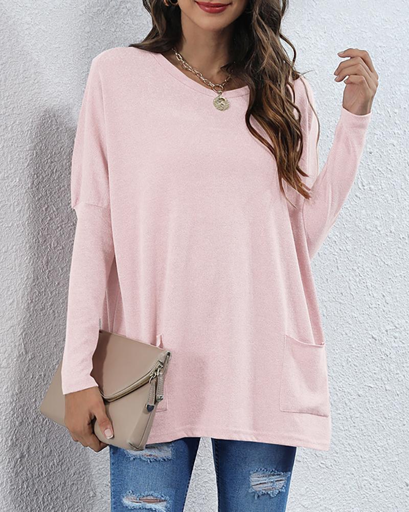 

Plain Pocket Design Long Sleeve Top, Pink
