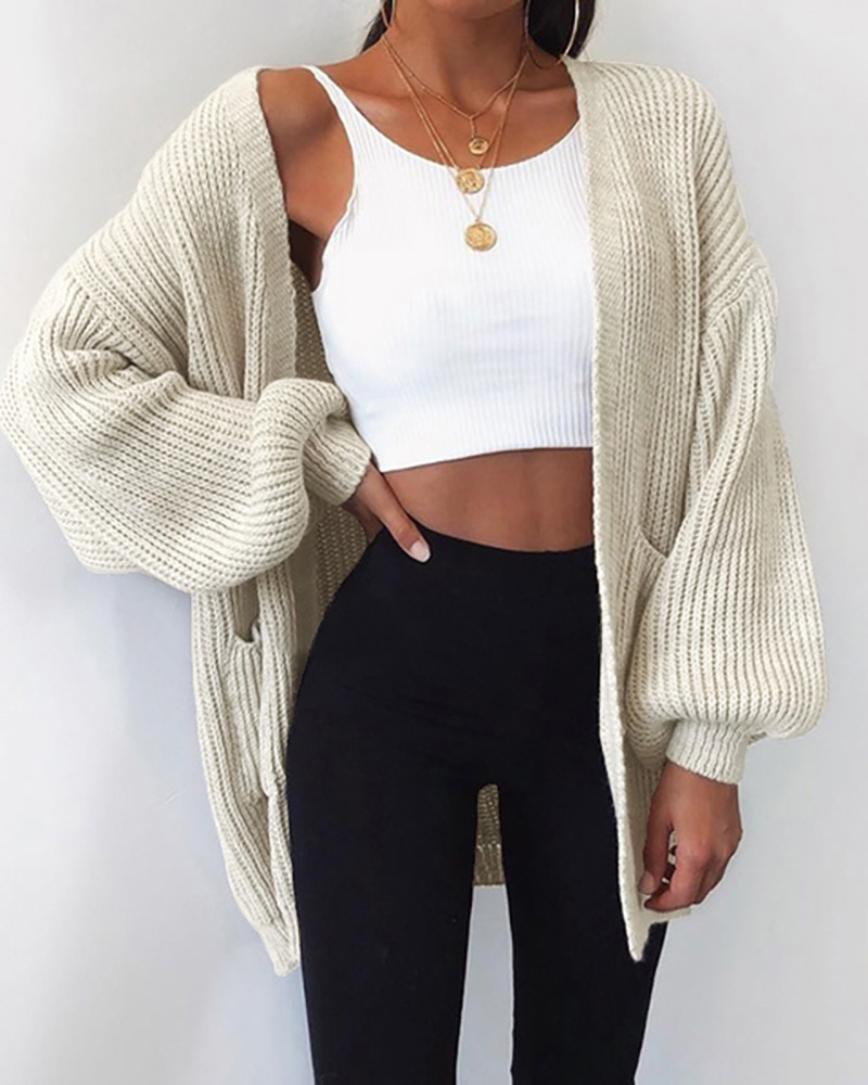 

Knit Lantern Sleeve Casual Cardigan, Beige