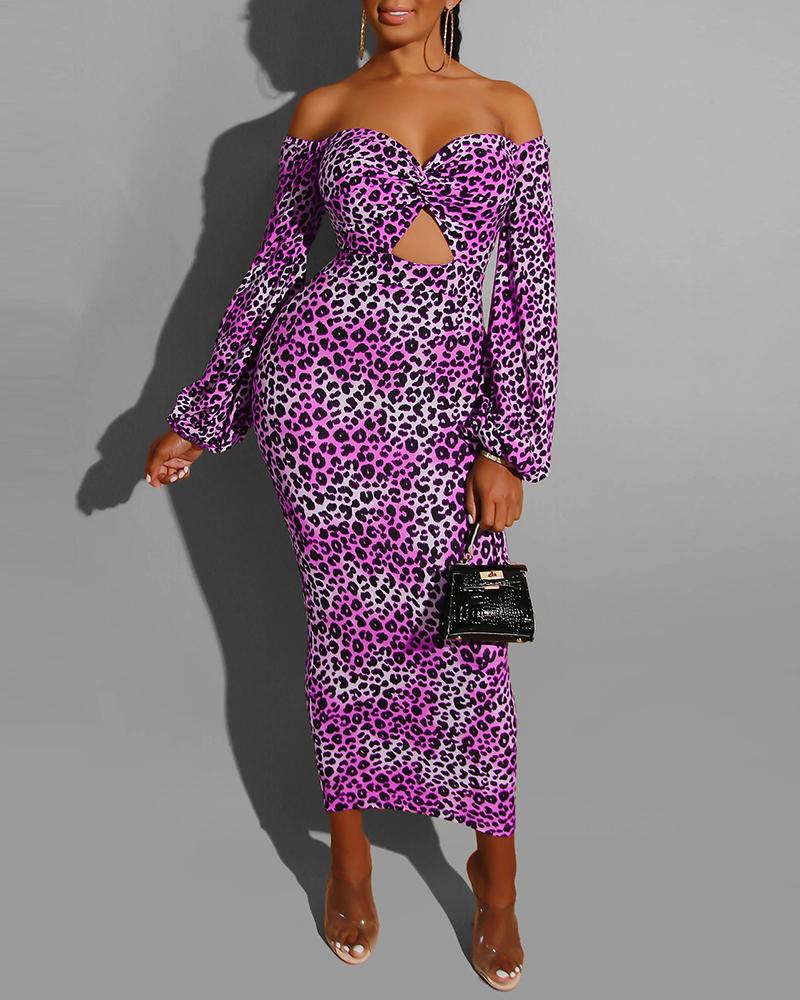 

Off Shoulder Leopard Lantern Sleeve Cut Out Dress, Purple