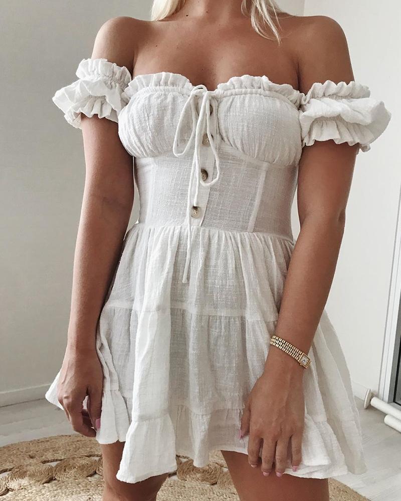 

Ruched Frill Hem Off Shoulder Dress, White