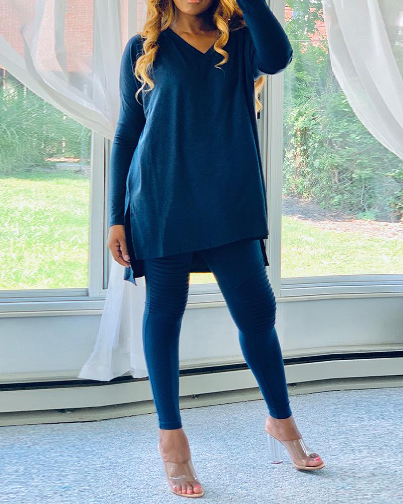

Solid Slit Casual Top & Pants Set, Blue