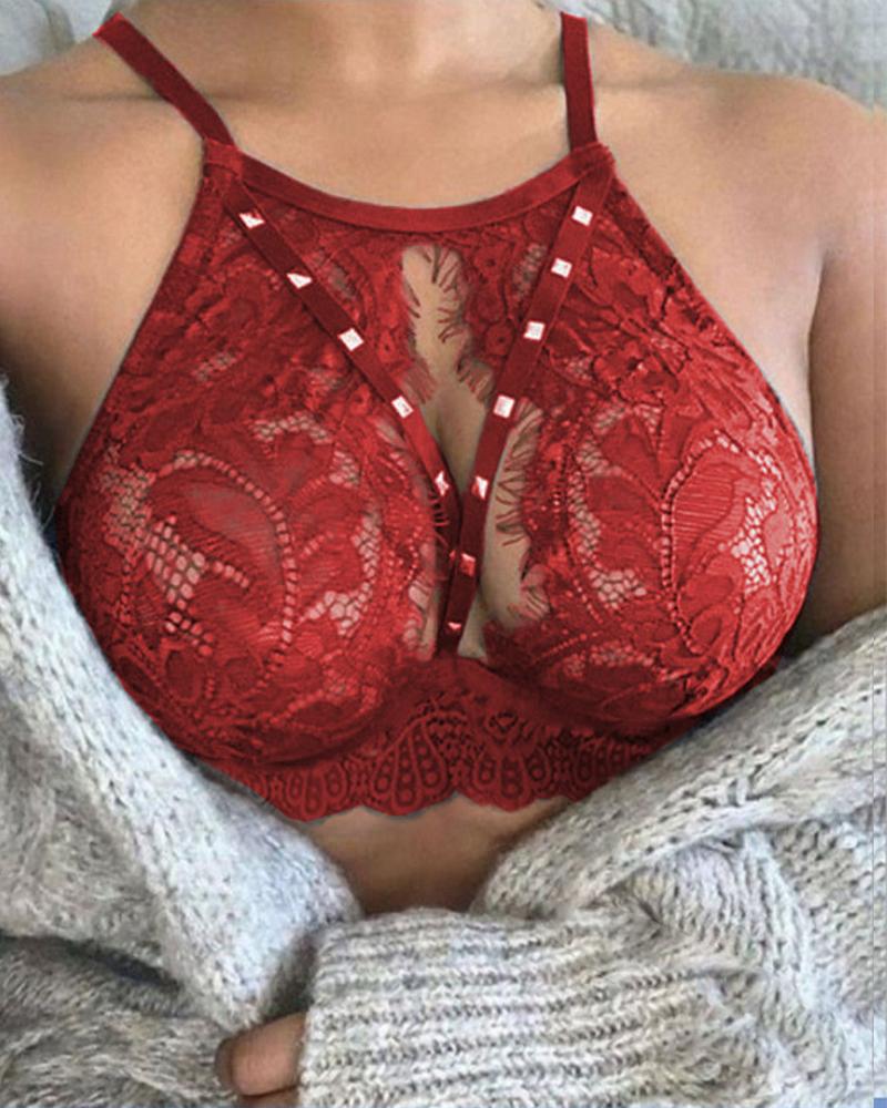 

Solid Lace Strap Skinny Tanks Bra, Red