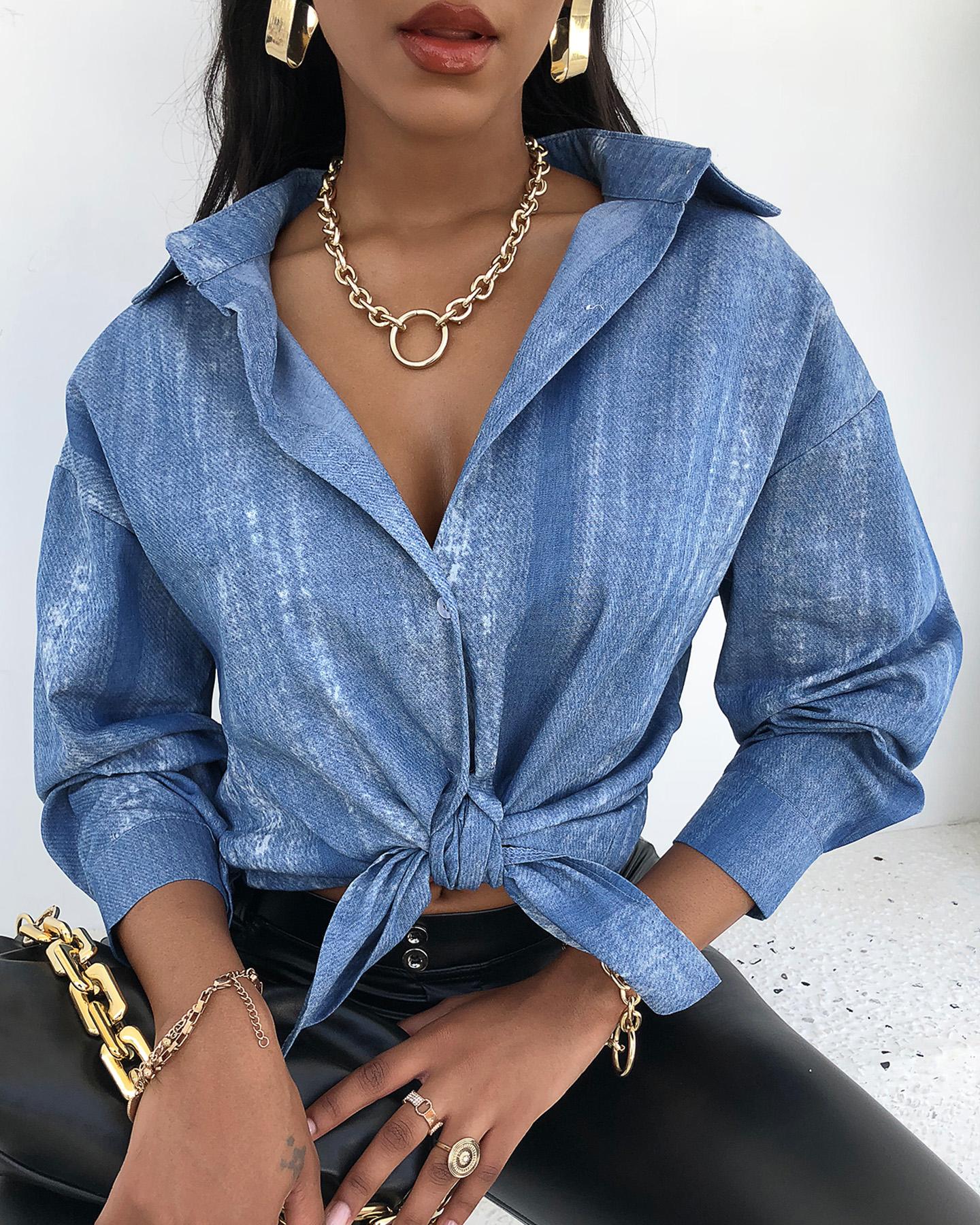 

Denim Long Sleeve Casual Shirt, Blue