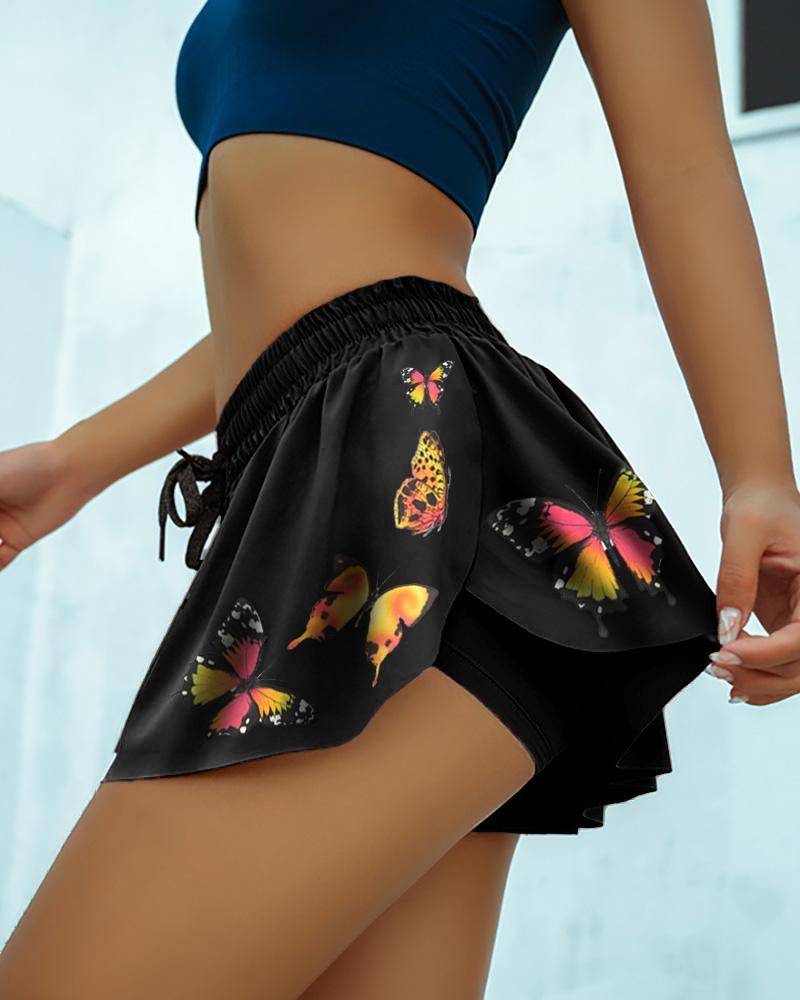 

Butterfly Print Culotte Design Casual Shorts, Black