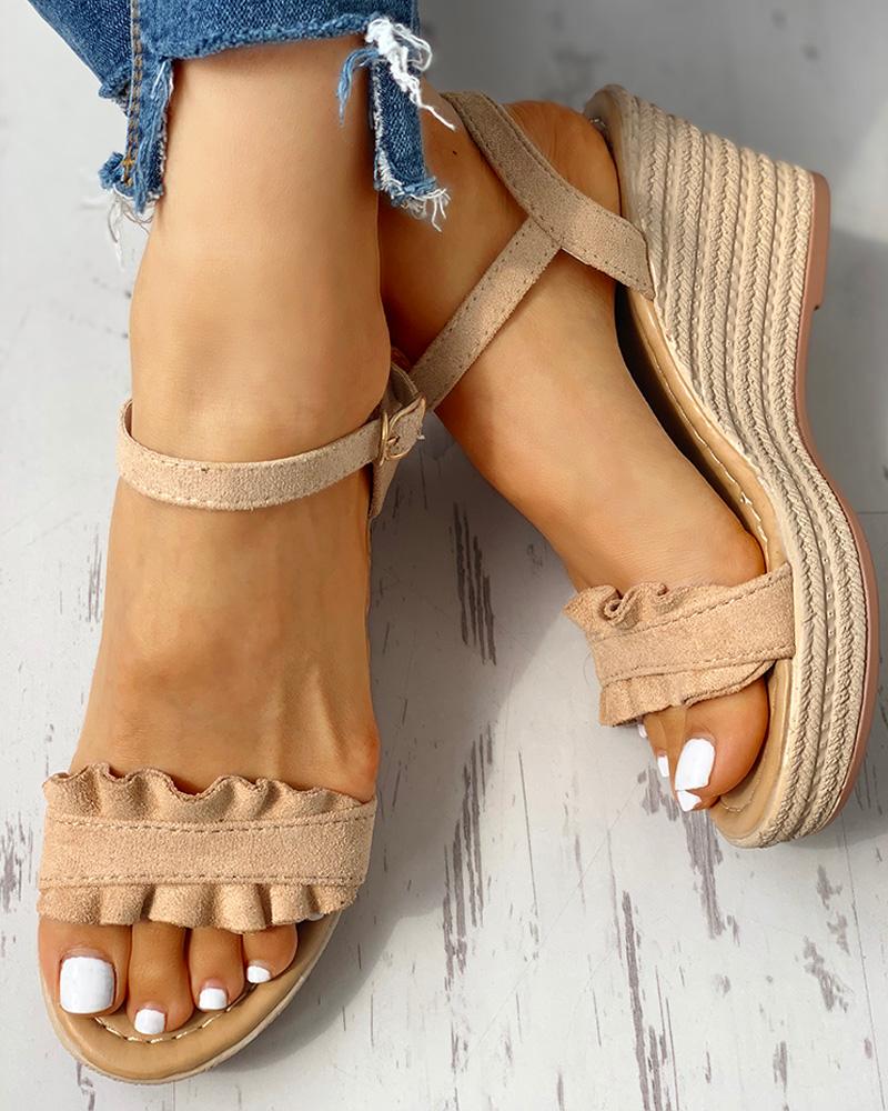 

Suede Frill Hem Espadrille Wedge Sandals, Apricot