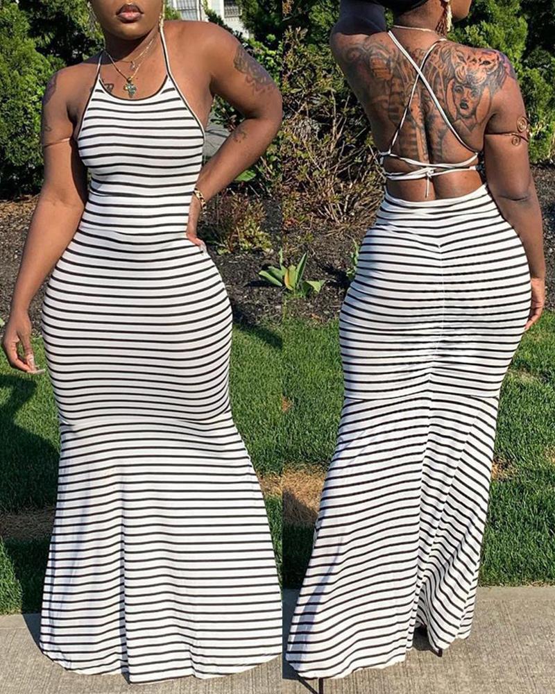 

Striped Halter Crisscross Backless Maxi Dress, White