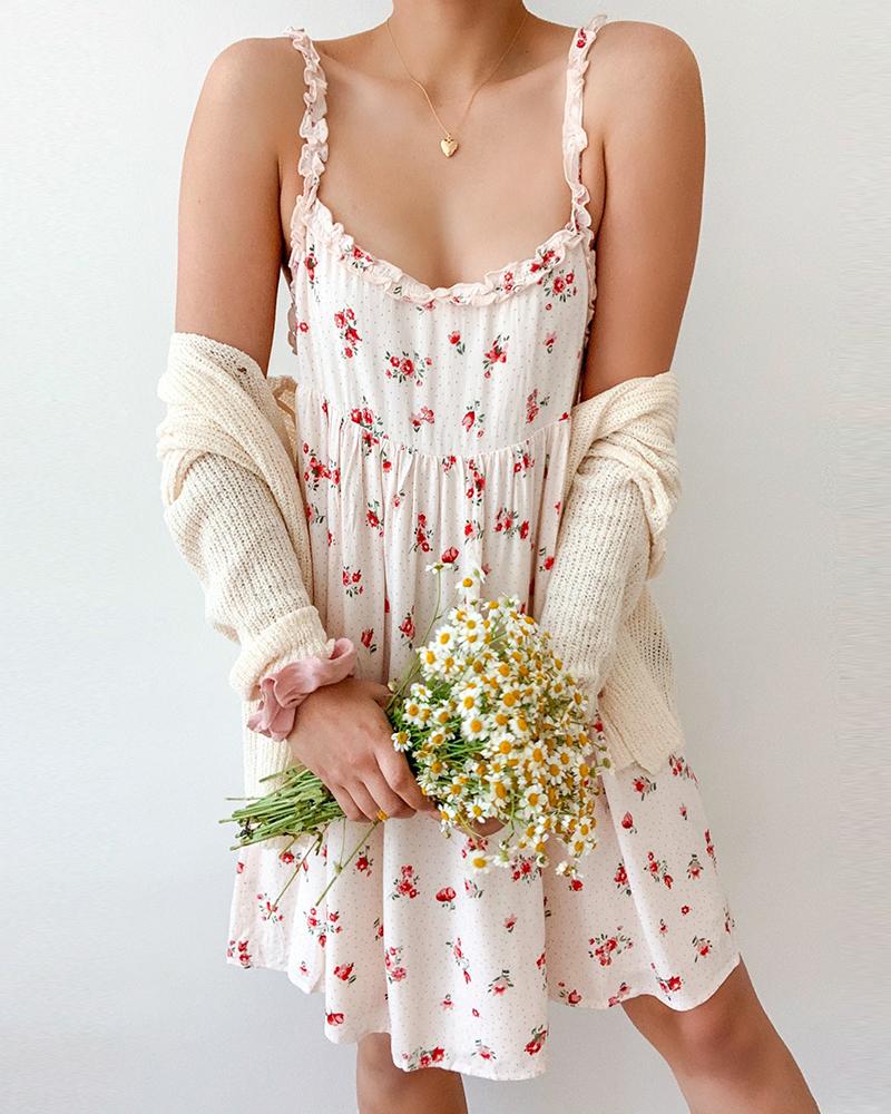 

Spaghetti Strap Floral Print Casual Dress, White