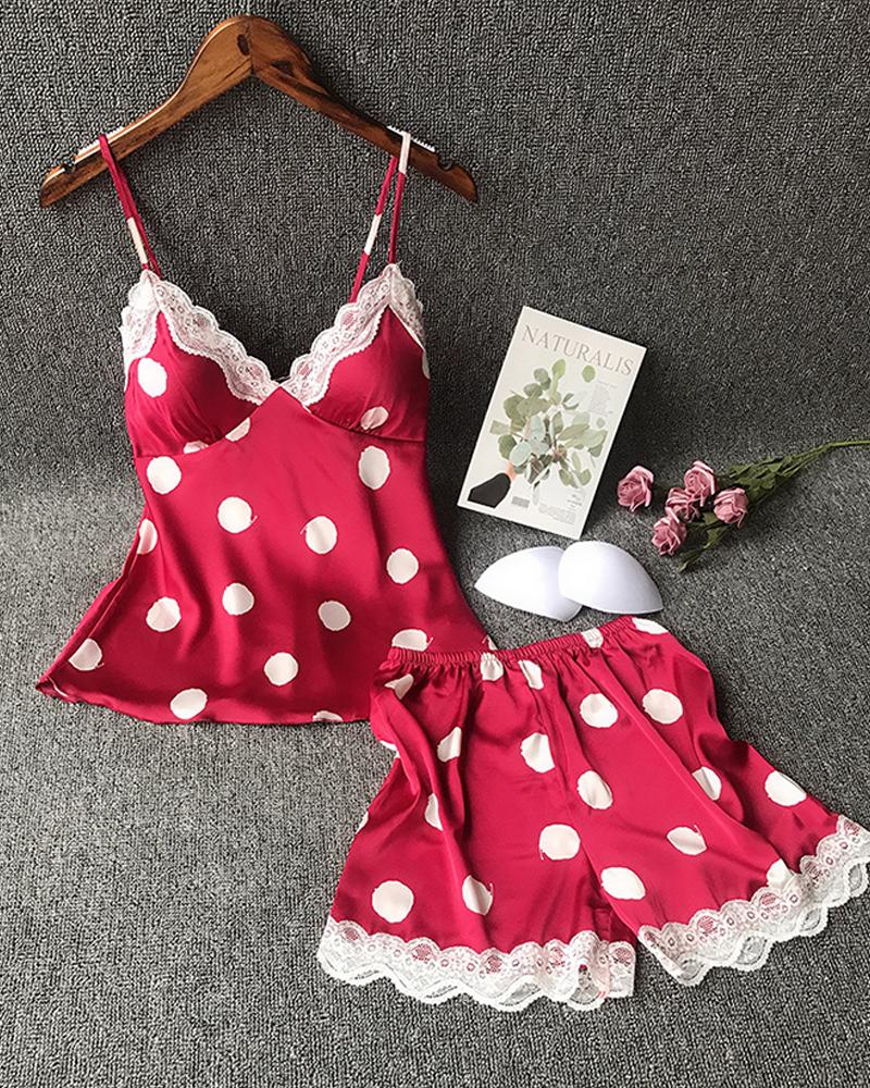 

Polka dot Lace Trim Cami Set, Red