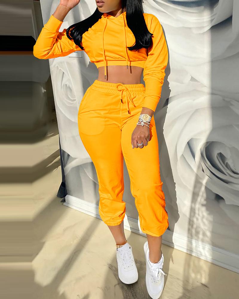 

Plain Hooded Crop Top & Drawstring Pants Set, Yellow