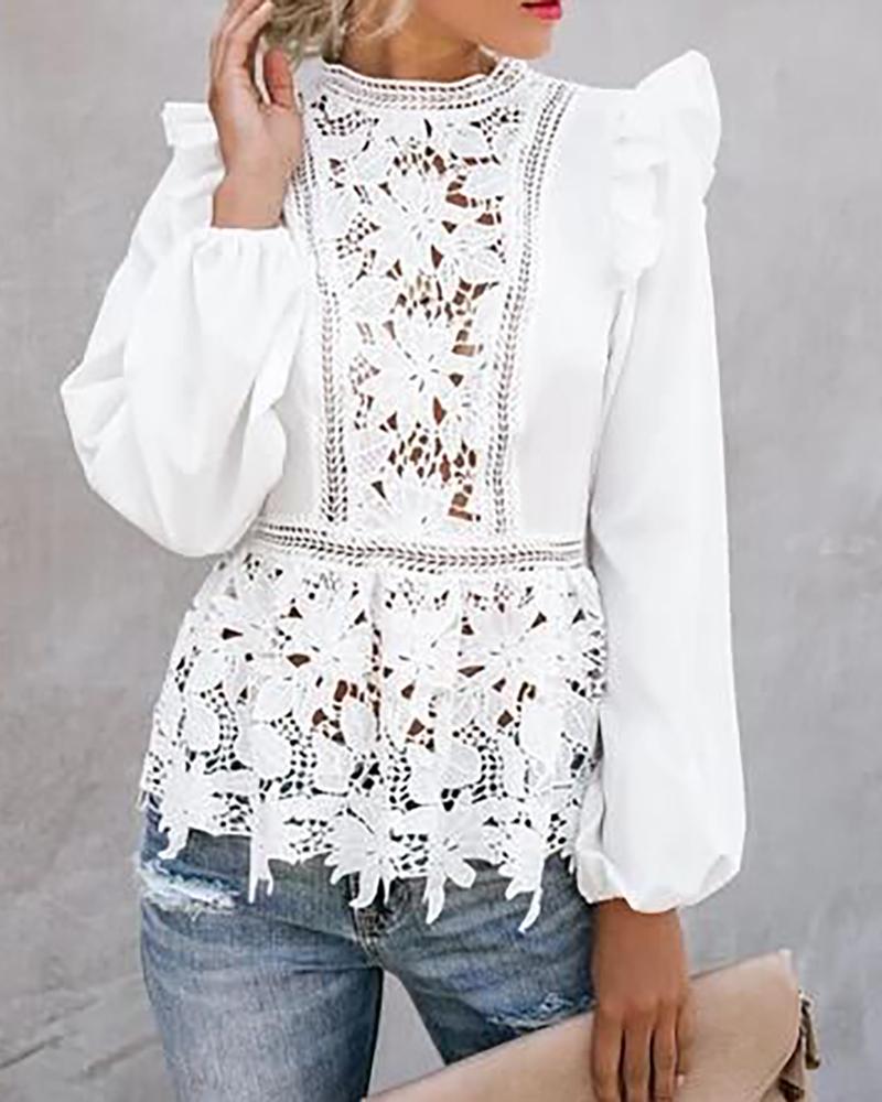 

Floral Pattern Lace Long Sleeve Blouse, White