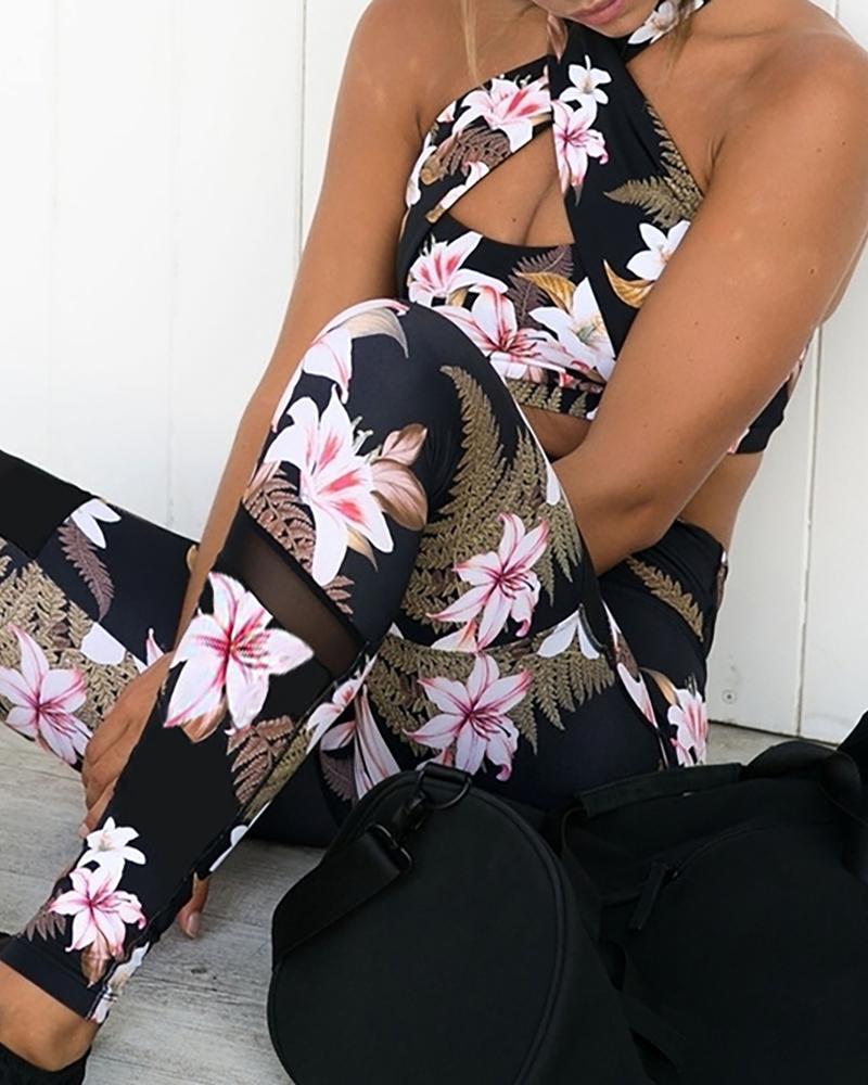 

Floral Print Halter Cutout Front Crop Top & Pants Set, Black
