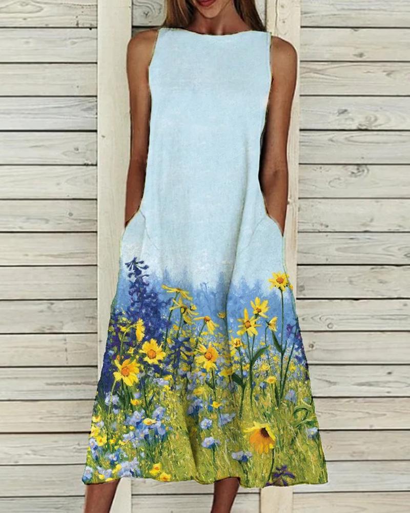 

Floral Print Colorblock Pocket Design Casual Dress, Light blue